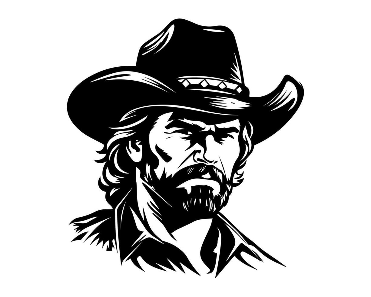 Cowboy portrait in black and white. Monochrome of a man with a hat and beard. Isolated on white background. Concept of Western culture, masculine style, vintage Americana. Logo, sticker design vector