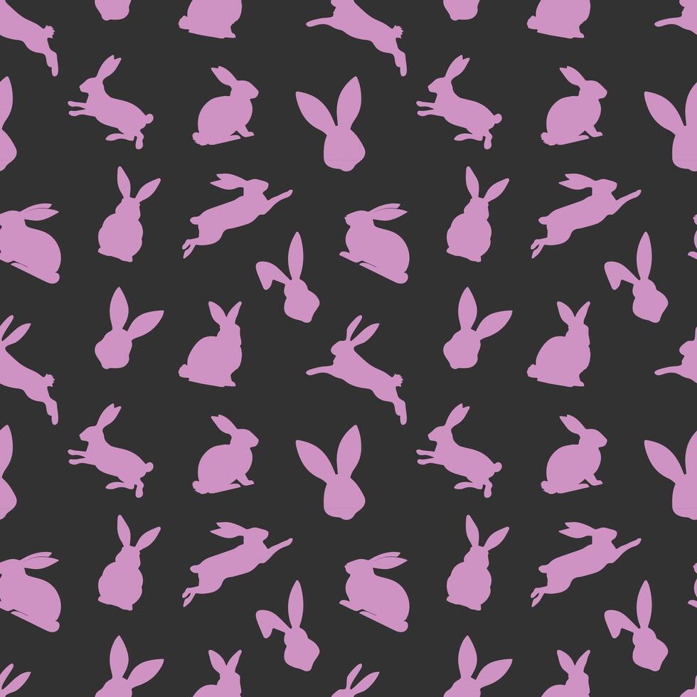 Easter seamless pattern of pink rabbit silhouettes in different actions. Festive Easter bunnies design. Isolated on black background. For Easter decoration, wrapping paper, greeting, textile, print vector