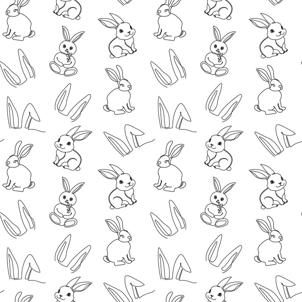 Seamless pattern of hand-drawn rabbits and ears. Festive Easter bunnies design. Continuous one line drawing. Isolated on white backdrop. For Easter decoration, wrapping paper, greeting, textile, print vector