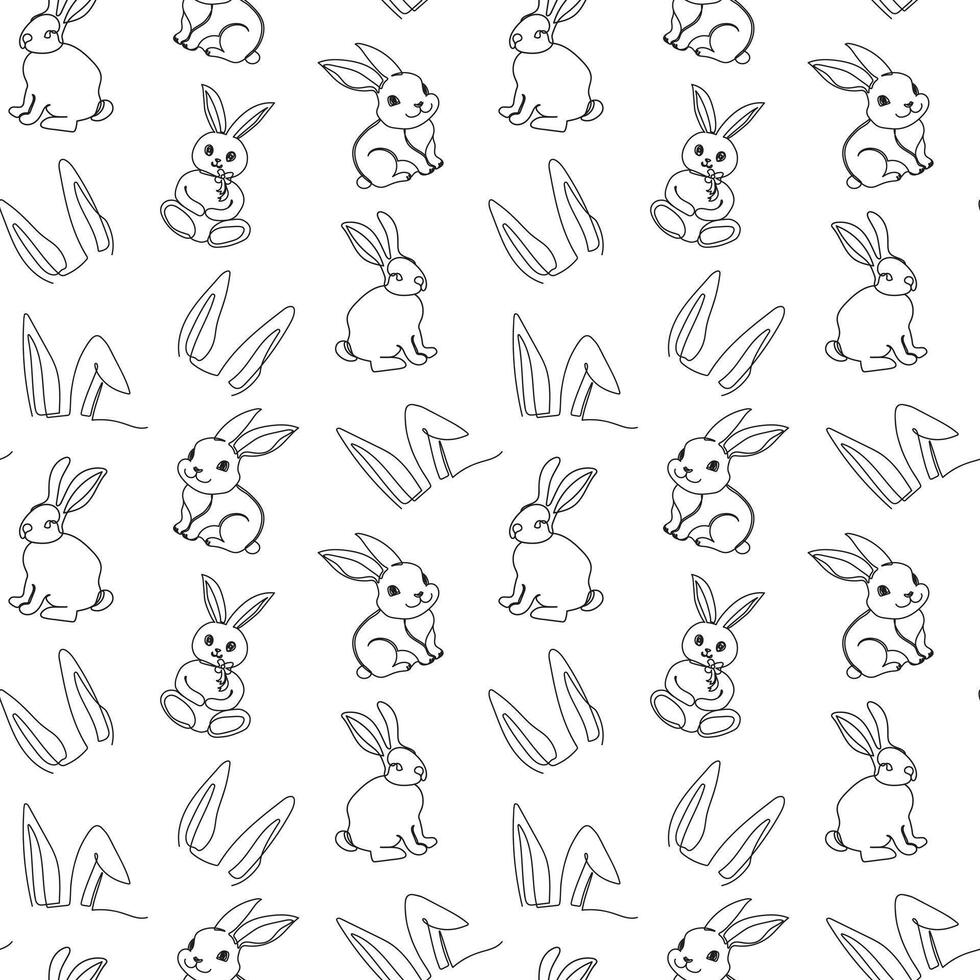 Seamless pattern of hand-drawn rabbits and ears. Festive Easter bunnies design. Continuous one line drawing. Isolated on white backdrop. For Easter decoration, wrapping paper, greeting, textile, print vector