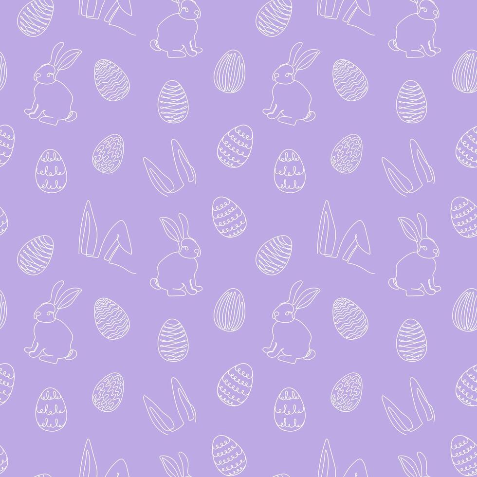 Seamless pattern of hand-drawn rabbits, ears, Easter eggs. Festive Easter bunnies design. Continuous line art. Isolated on purple backdrop. Easter decoration, wrapping paper, greeting, textile, print vector