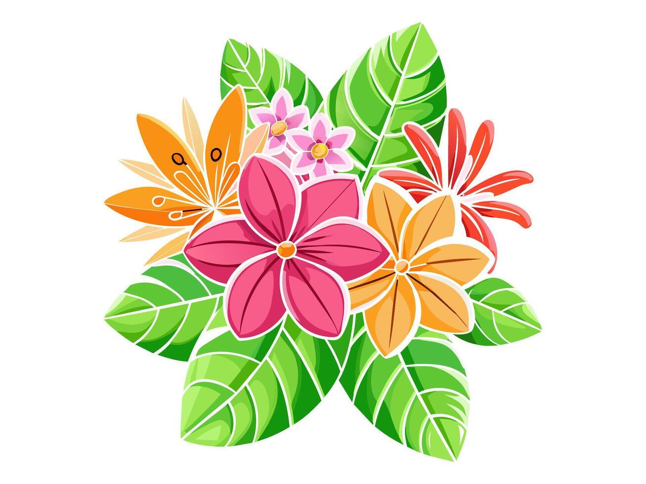 Tropical flowers and leaves illustration. Exotic flora art with vibrant colors. Concept of tropical nature, botany, exotic plants, and summer vibes. Isolated on white backdrop vector