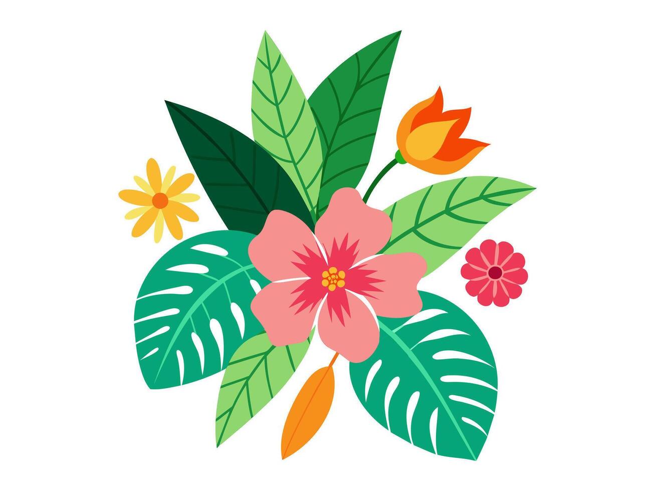 Tropical flowers and leaves illustration. Exotic flora art with vibrant colors. Concept of tropical nature, botany, exotic plants, and summer vibes. Isolated on white surface vector