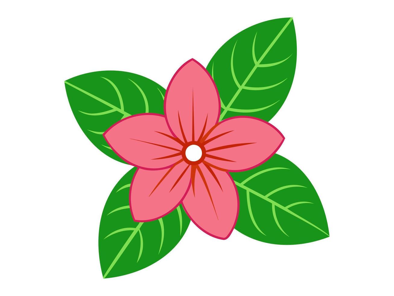 sencillo ilustración de rosado flor con verde hojas. plano diseño de floreciente flor. concepto de primavera, naturaleza sencillez, botánico ilustración, ambiental temas aislado en blanco fondo vector