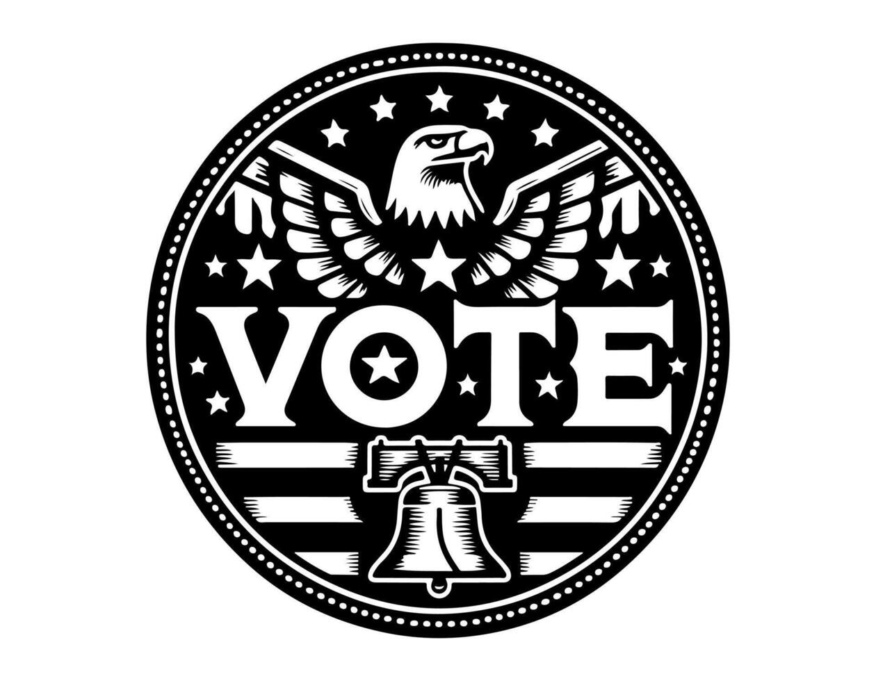Black VOTE emblem in circular badge design. Graphic icon. Illustration on white surface. Concept of democracy, elections, political engagement. Design for badge, sticker, voting campaign, print vector