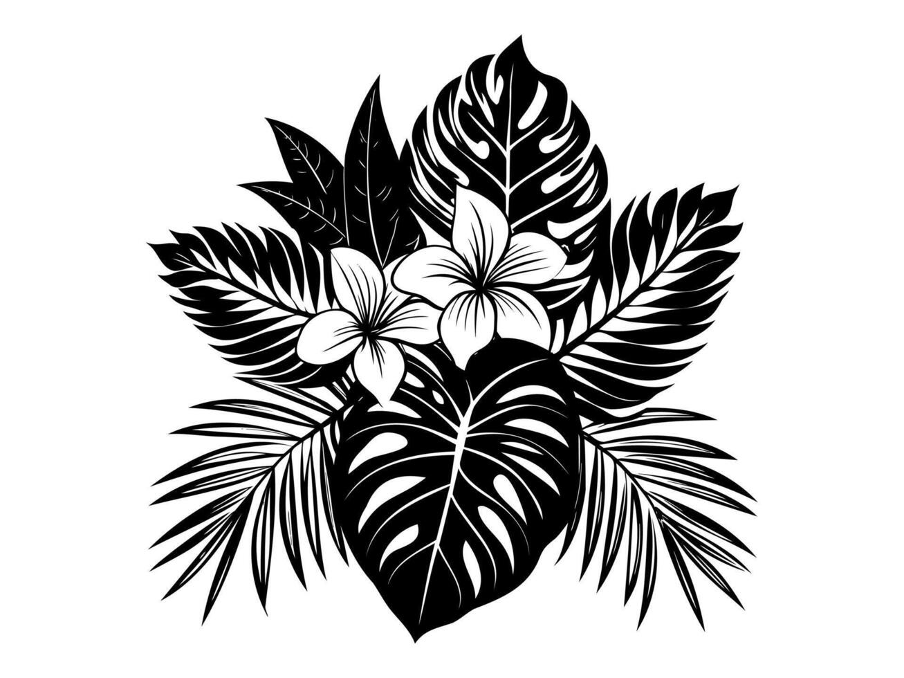 Tropical flowers and leaves. Black and white illustration. Monochrome exotic flora. Concept of tropical nature, botany, exotic plants, and summer vibes. Isolated on white surface vector