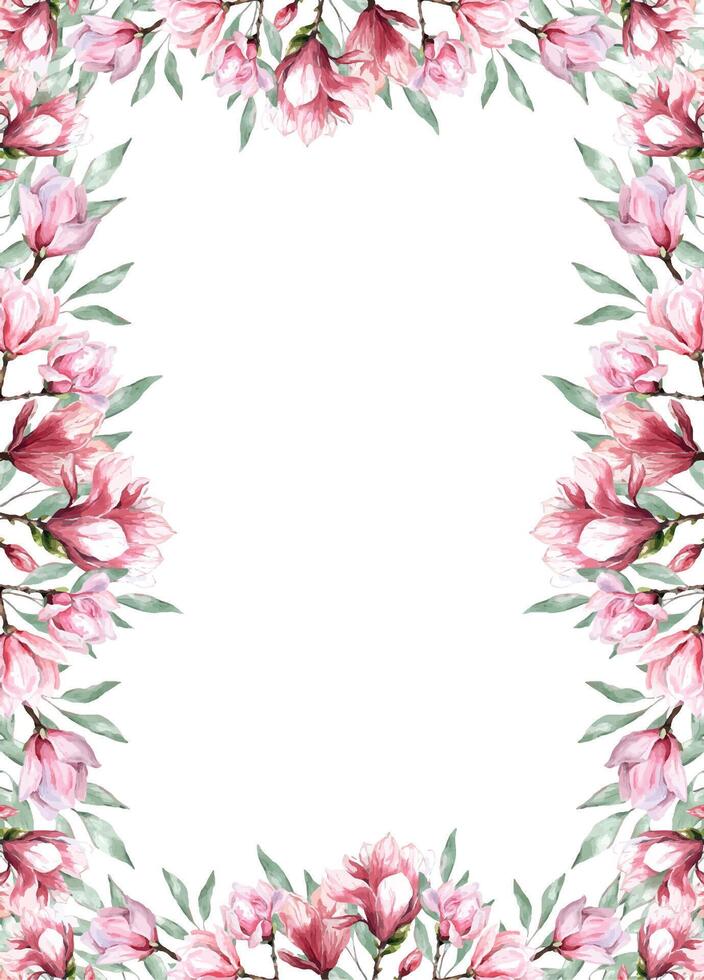 Fresco magnolia flor botánico acuarela ilustración floral diseño pétalos floreciente primavera tropical rosado hermosa planta frontera antecedentes modelo vector