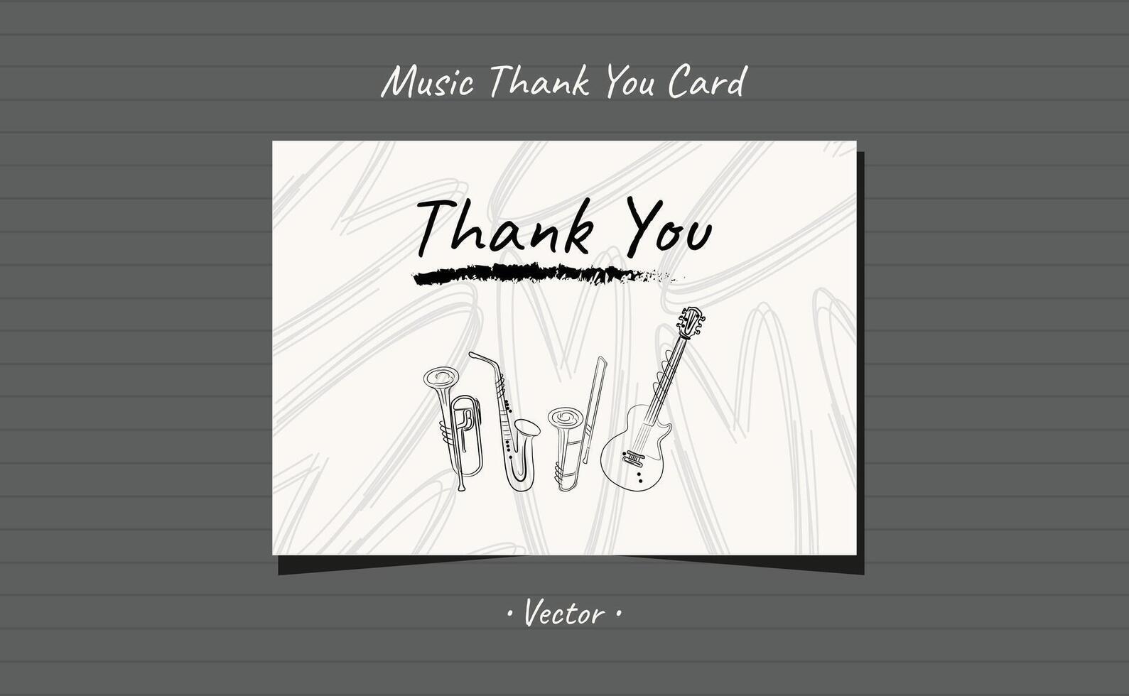 Thank you card musical instruments hand drawn line art with brushstroke and heart shapes design. vector