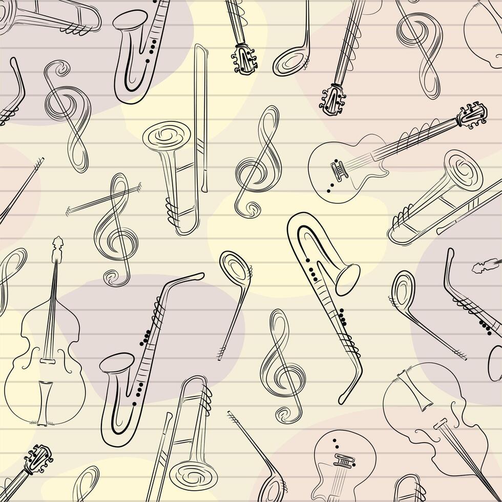 Music instruments elements sax trombone guitar notes bass doodle cartoon line art design abstract. vector