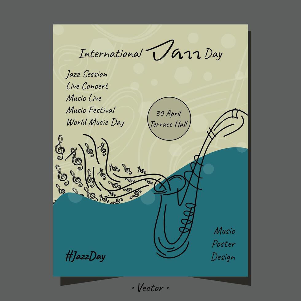 Music poster, international jazz day, world music day with saxophone line art typography design. vector