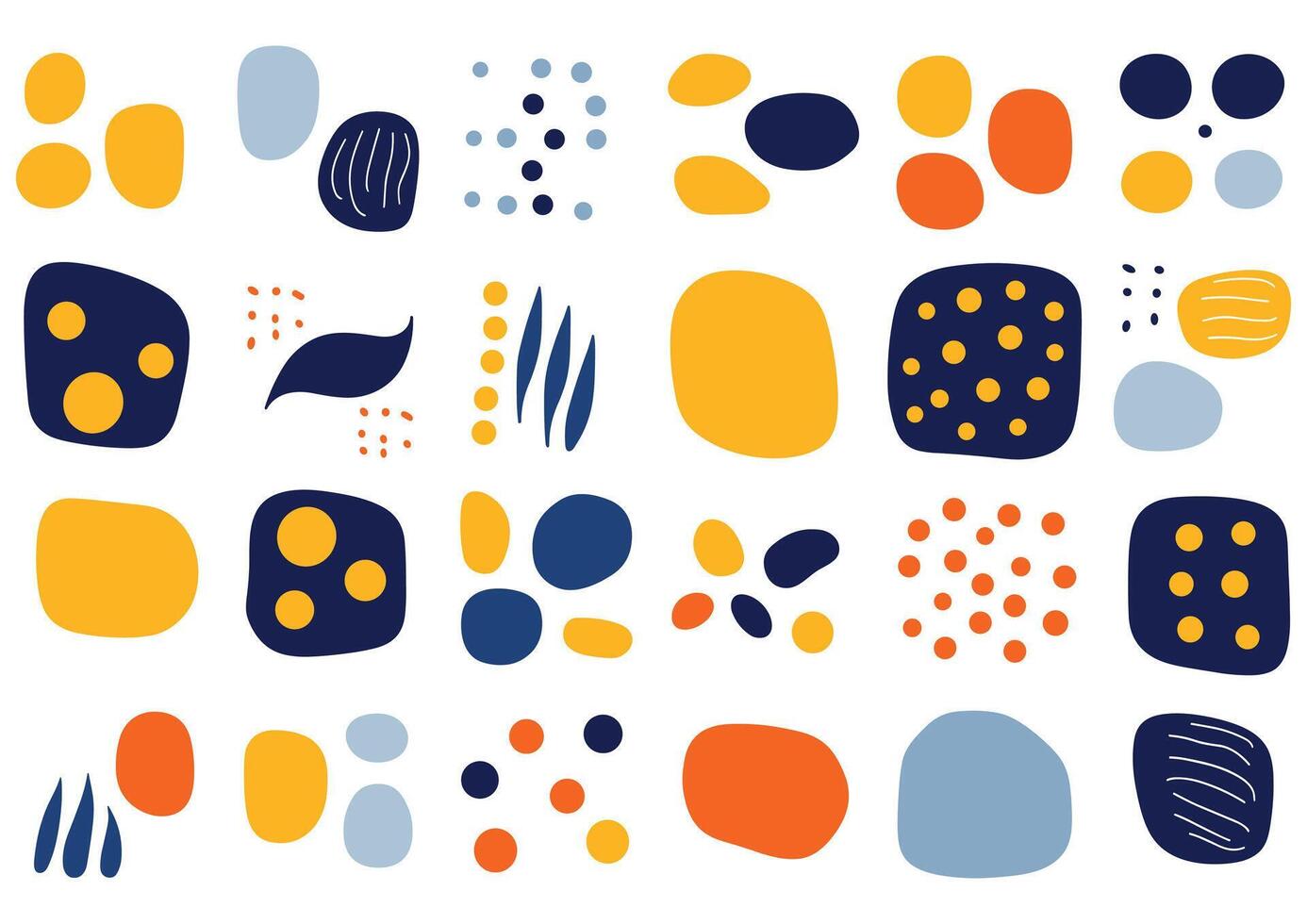 Abstract art patterns include dots, circles, flowers, leaves, petals, geometric figures, and organic forms made with rounded lines, all in navy blue, sky blue, light yellow and white colors vector