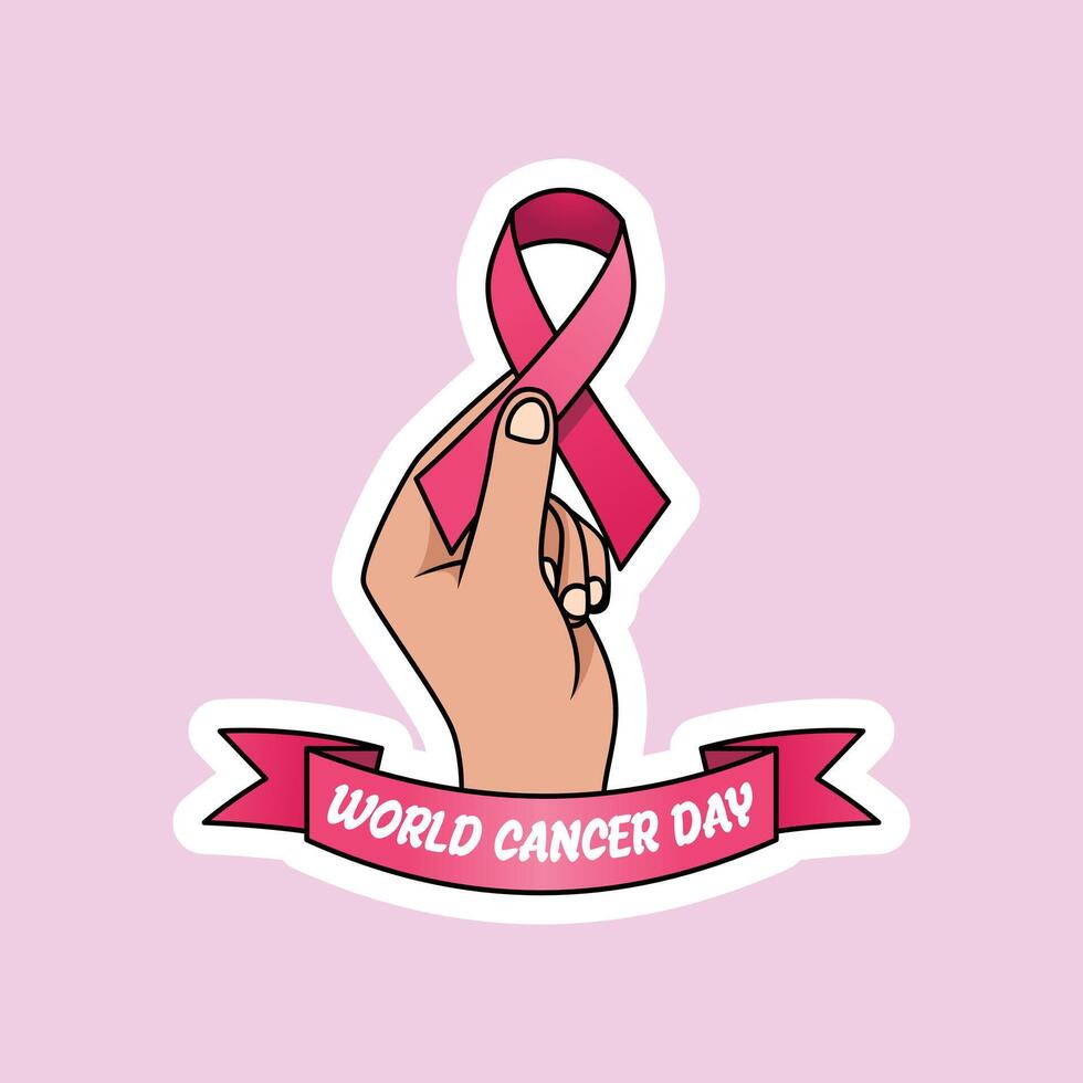 isolated illustration of hands reaching out with an awareness ribbon in support of World Cancer Day. vector