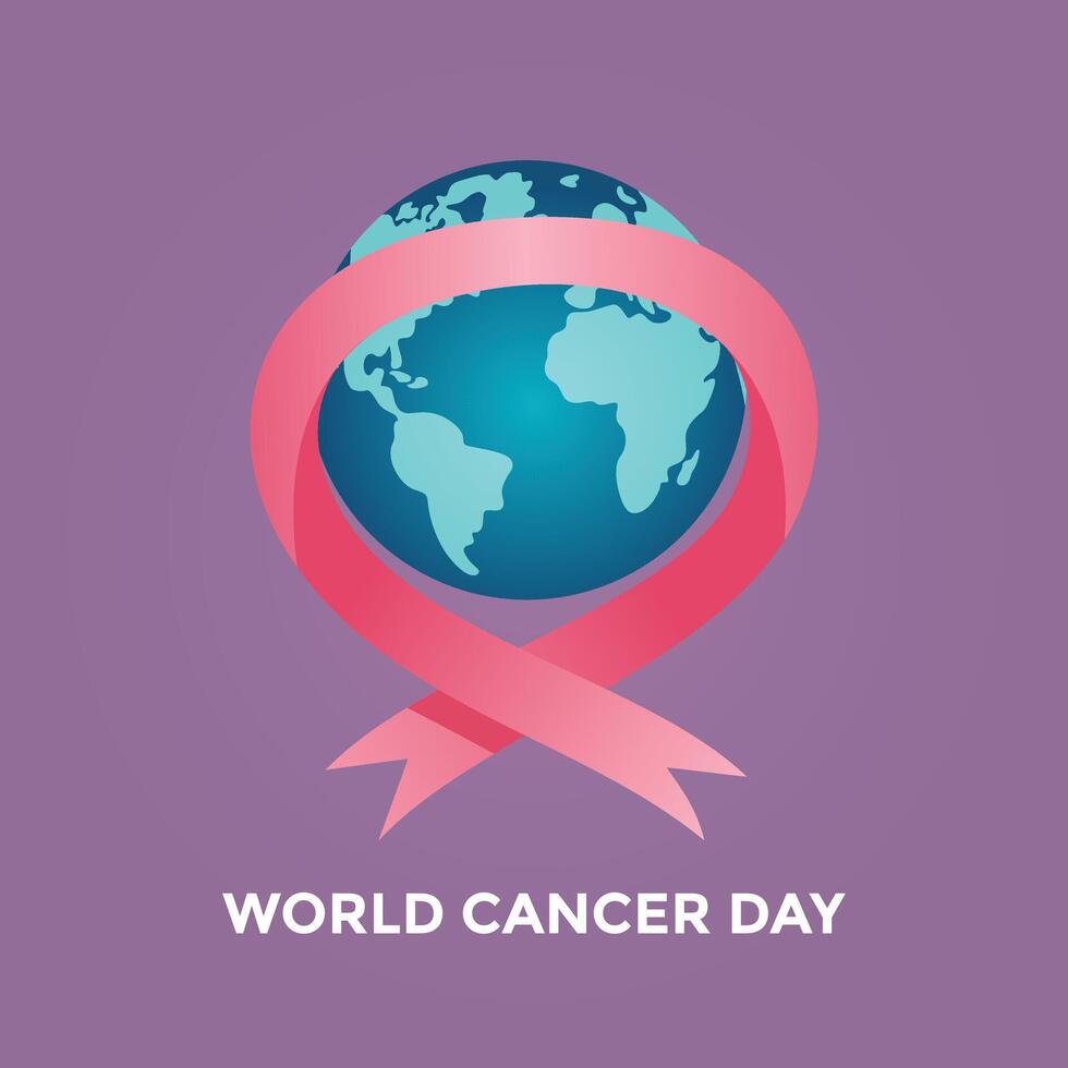 Illustration of Ribbon of unity intertwined with a world globe. Global unity against cancer in . vector