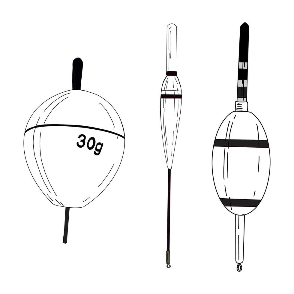 Fishing float bobber cork illustration tackle set. Bait minnow line drawing. Silhouette outline. Fisher angler tool. Sharp triple catch sport equipment vector