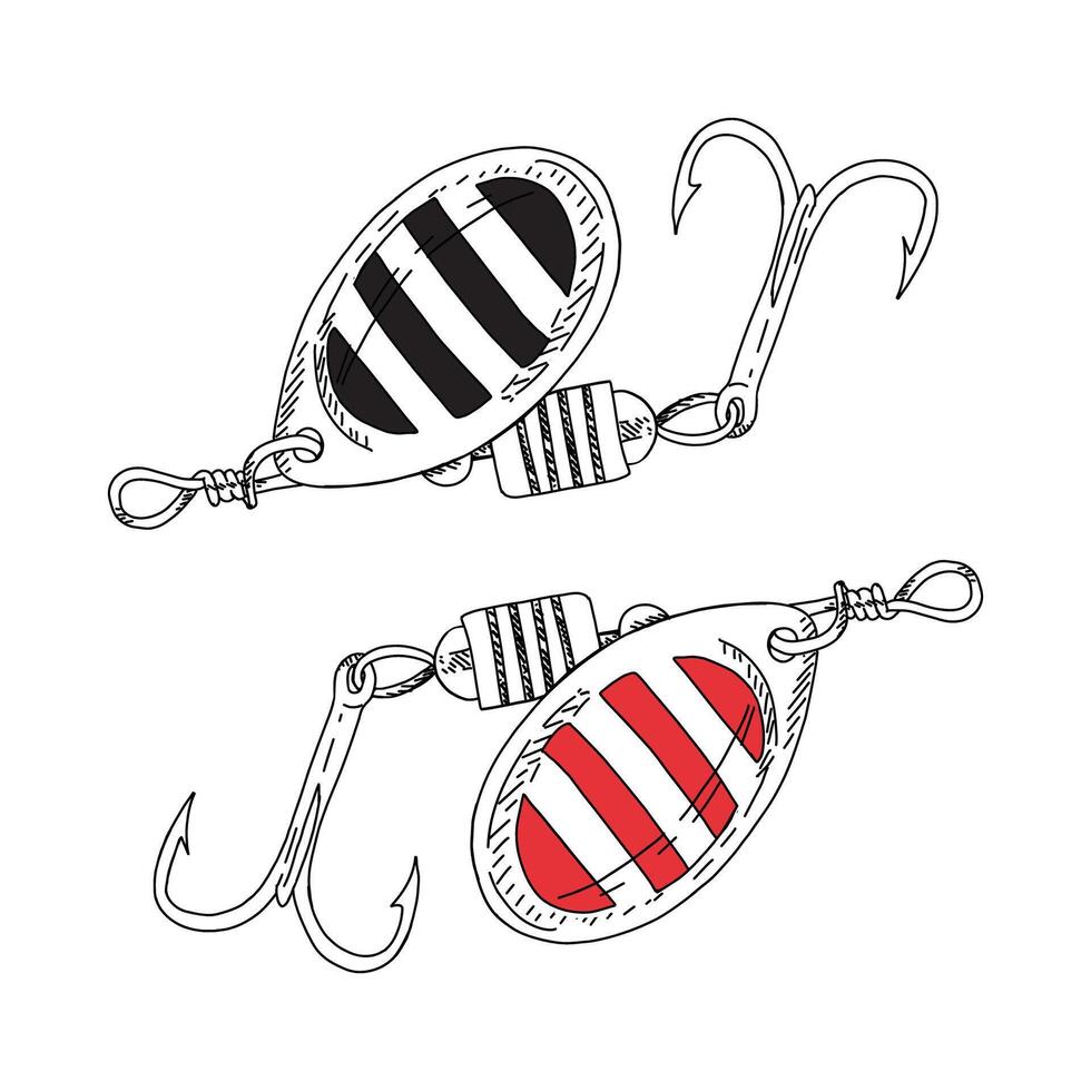 Fishing hook wobbler illustration tackle set. Metal fly gudgeon spinner lure feeding. Bait minnow line drawing. Ink silhouette. Spoon angler tool black outline vector