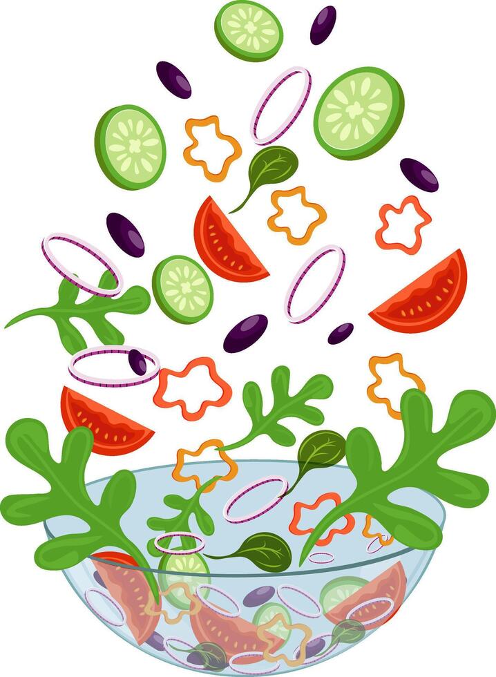 ensalada que cae dentro cuenco Fresco vegetal ilustración vector