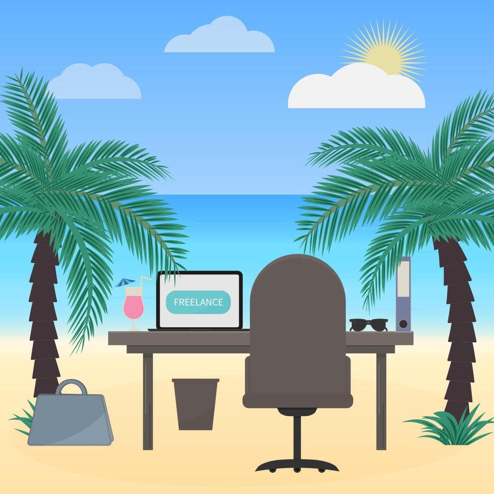 Freelance work illustration in flat style. Laptop and glass of cocktail on the deck. Workplace of freelancer. Working uon tropical beach. Office by the sea concept. vector