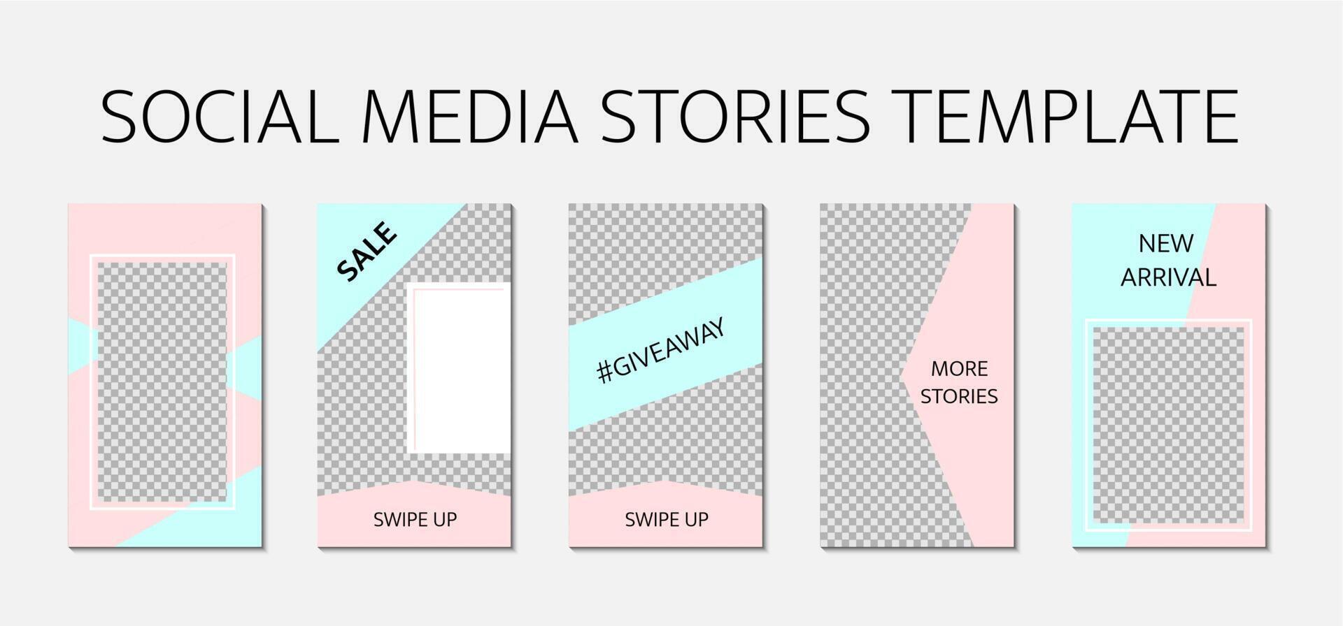 Social media stories template. Set of 5 layout for story for bloggers and SMM. Pink and blue pastel color palette. Easy to edit web banners for mobile app. vector