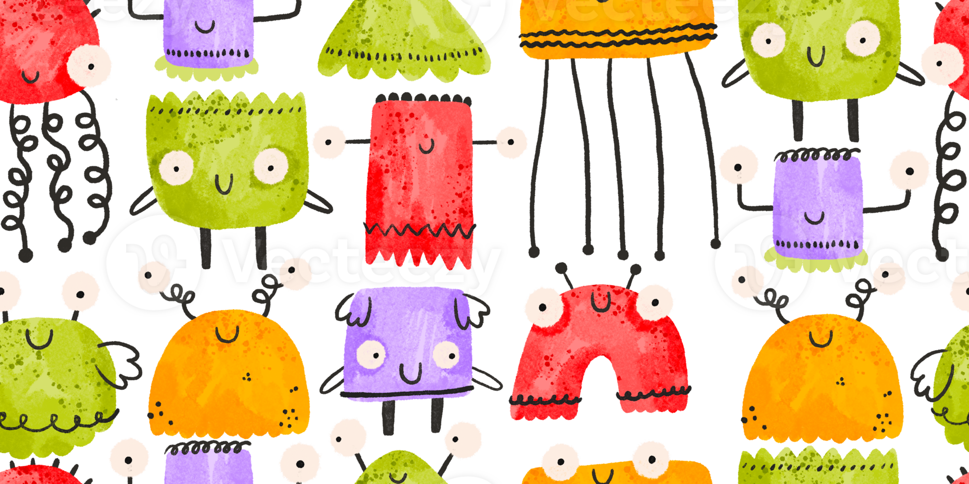 Seamless pattern with colored monsters. Halloween background. Cartoon monster. Cute baby funny illustration on isolated background png