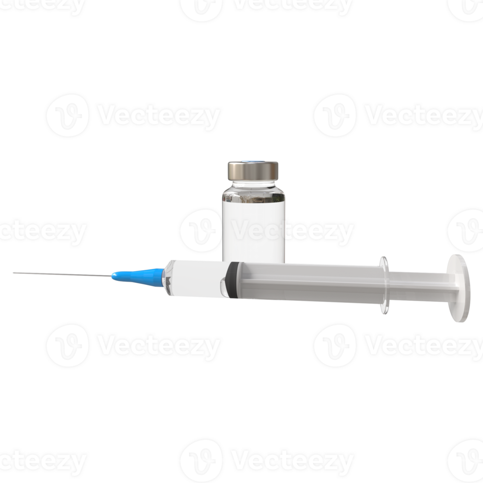 3d realistisch fles en spuit. coronavirus vaccin, injecties, hyaluronzuur zuur detailopname geïsoleerd. drug ampul ontwerp sjabloon, model. vaccinatie concept. png