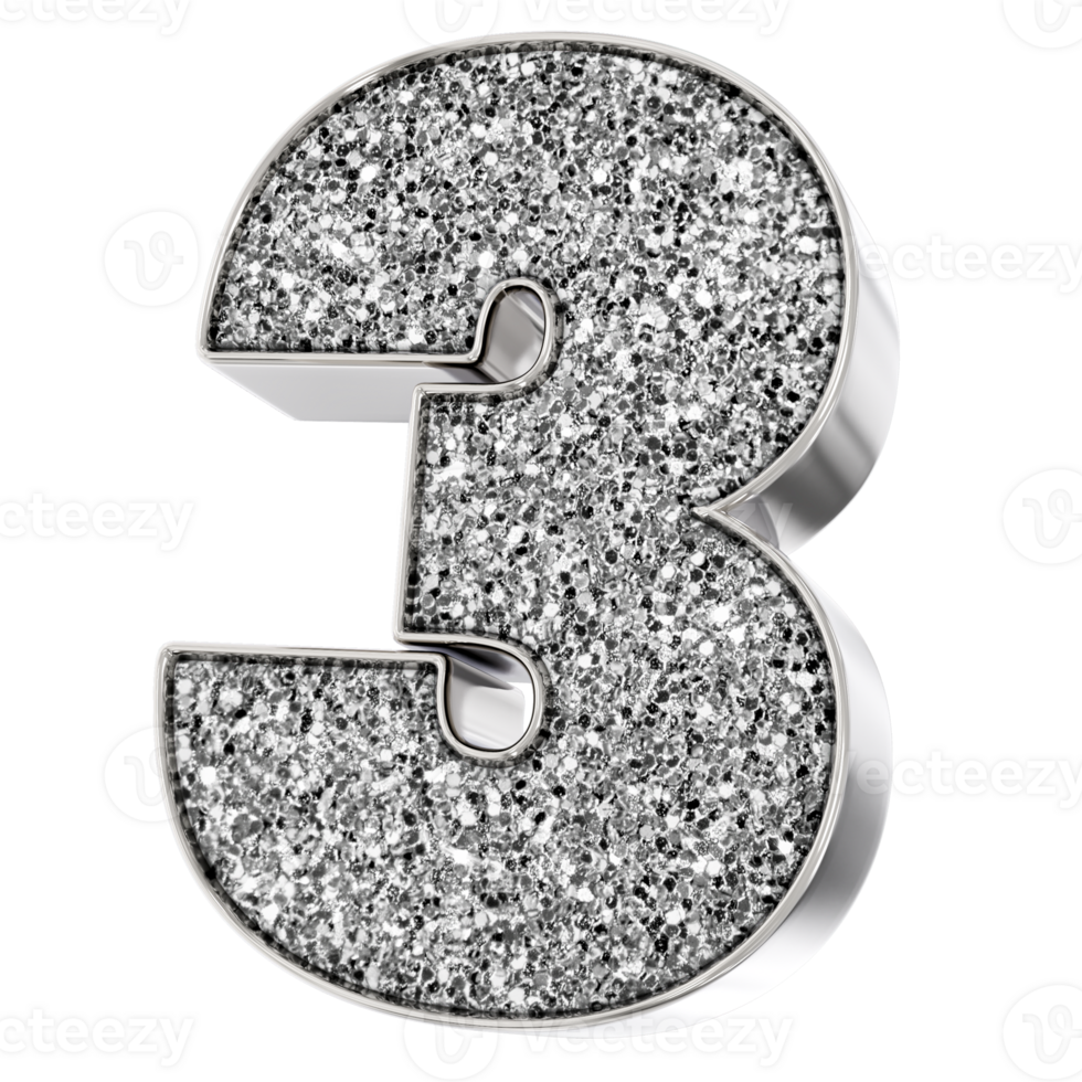 Silver Number 3 3D Render png