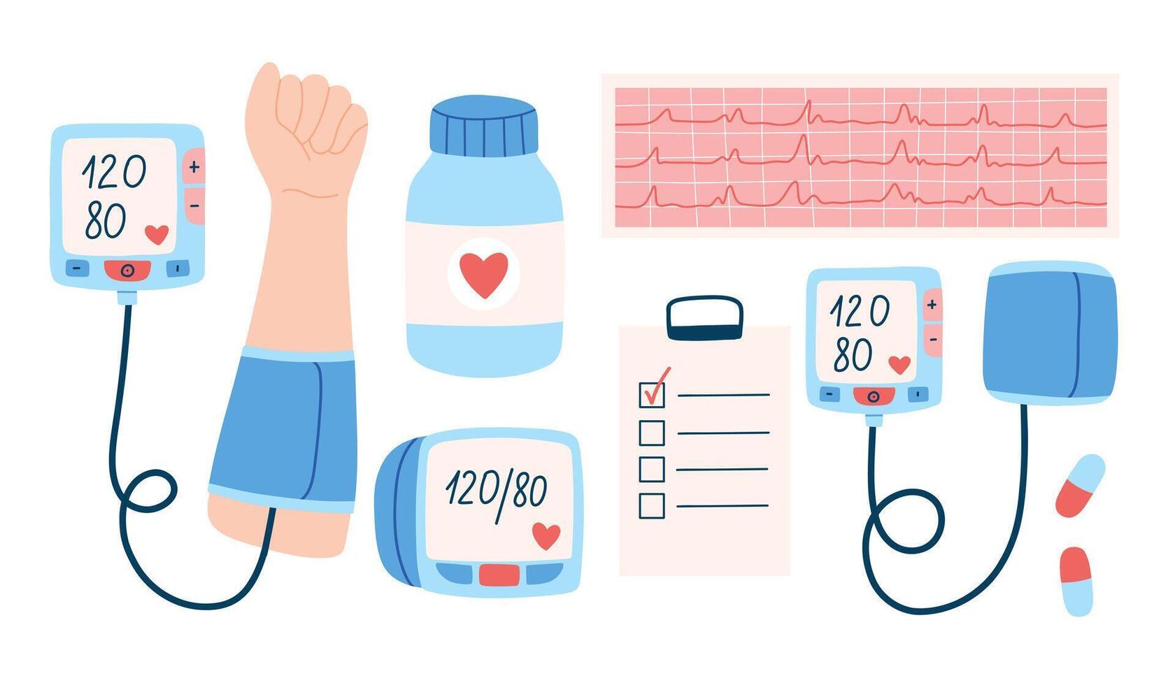 Set of hypertension elements in flat style. Hand drawn hypertension collection. illustration. vector