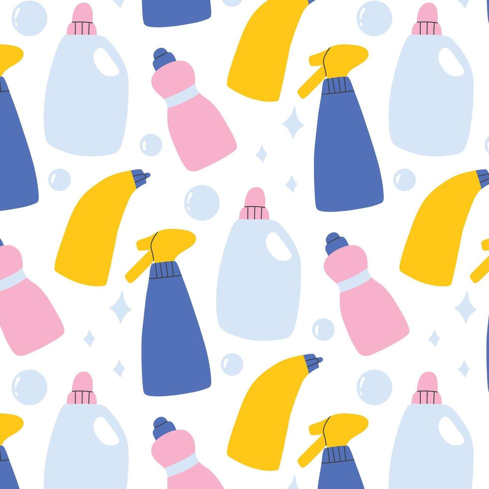 Seamless pattern with cleaning elements. Hand drawn pattern with detergent. illustration. vector