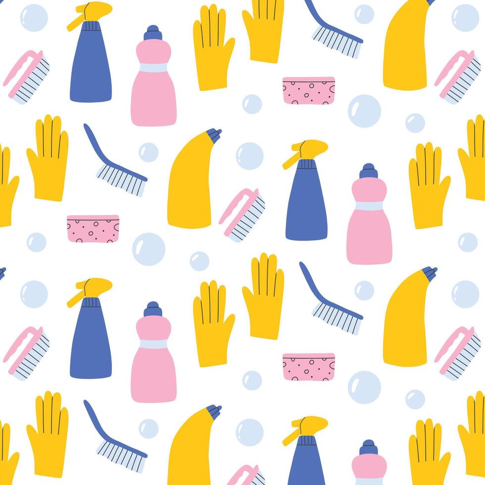 Seamless pattern with cleaning elements. Hand drawn pattern with detergent. illustration. vector