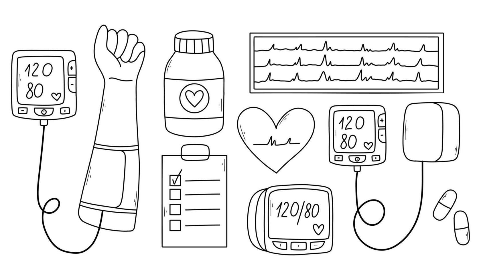 Set of hypertension elements. Doodle collection hypertension. illustration. vector