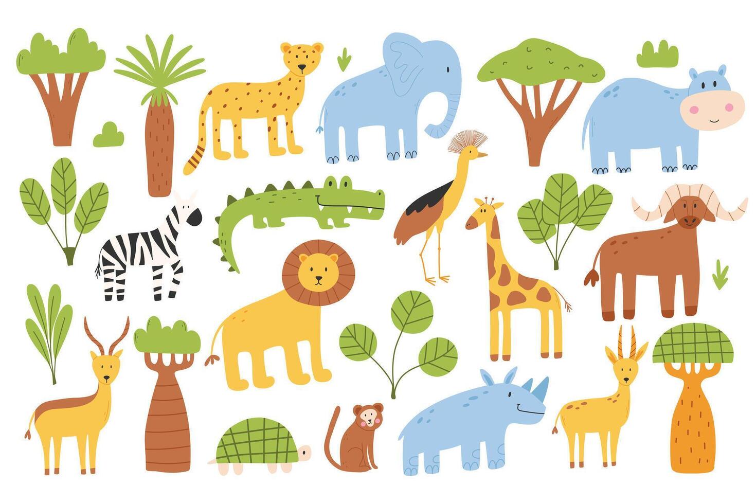 Set of safari animals. Jungle animals collection. African animals. illustration. Flat style. vector