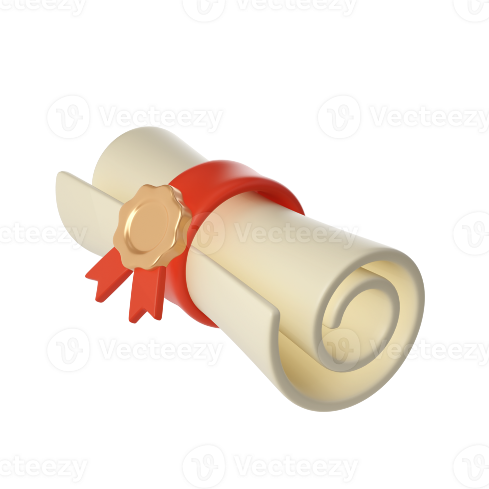 3d illustration of Degree Diploma or graduation scroll with red ribbon Icon. Render Education paper element for decoration poster, banner png