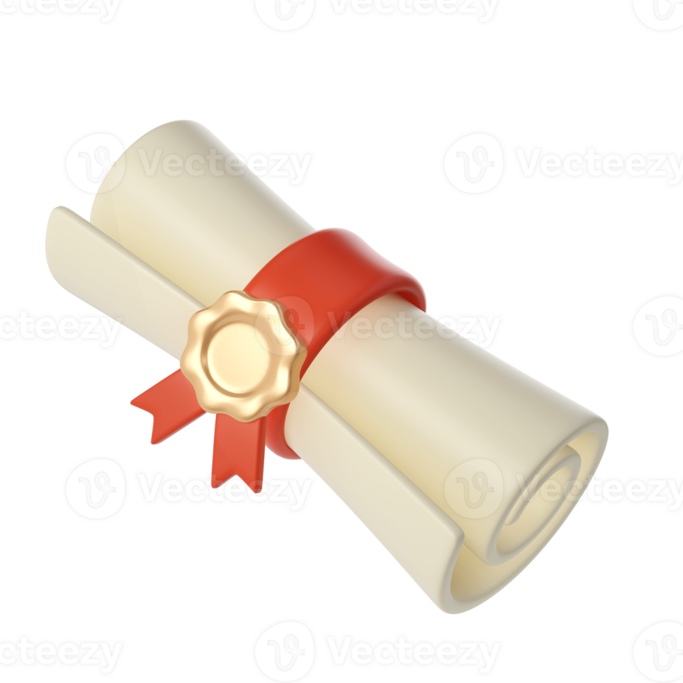3d illustration of Degree Diploma or graduate scroll with red ribbon Icon. Render Education paper element for decoration poster, banner png