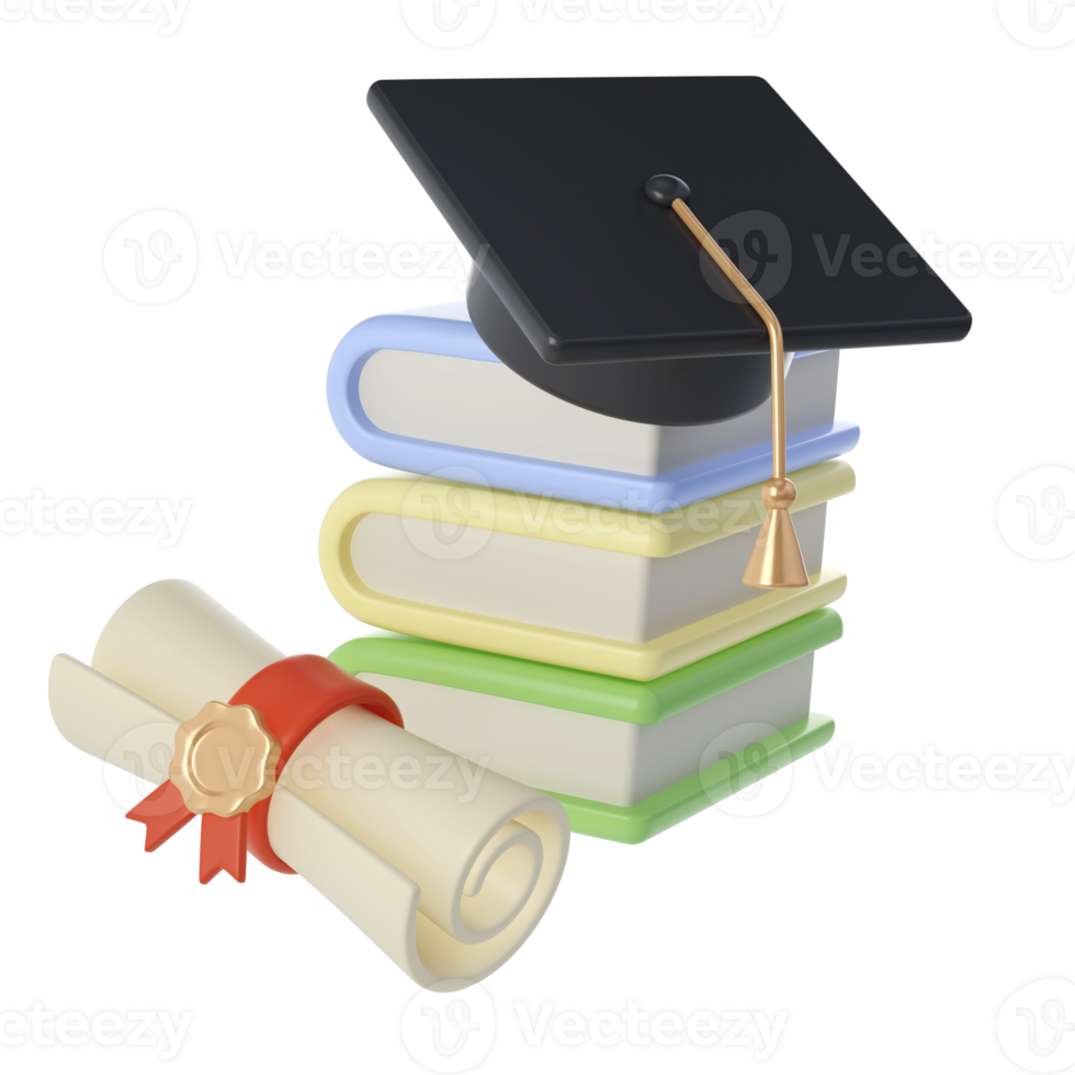 3D Stack of Closed Books, Diploma scroll and university or college black cap graduate Icon. Render Education or Business Literature. E-book, Encyclopedia, Textbook Illustration png