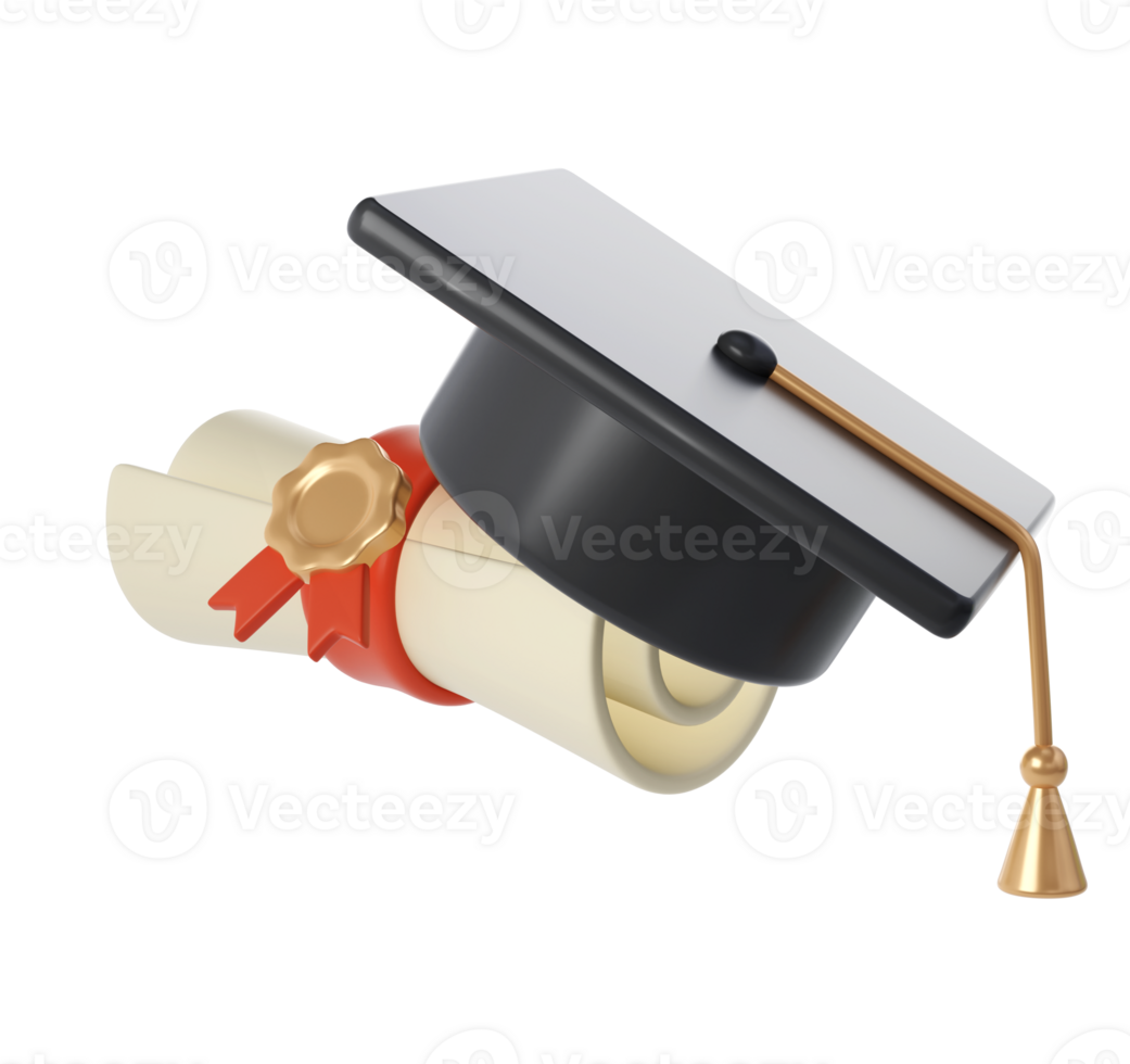 3d illustration of Degree Diploma or graduation scroll with red ribbon and university or college black cap graduate Icon. Render Education paper element for decoration poster, banner png