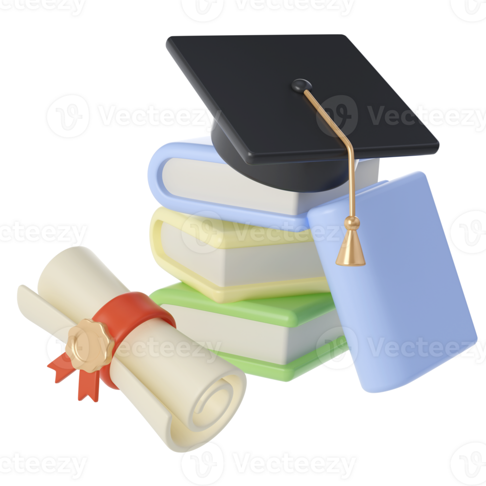 3D Stack of Closed Books, Diploma scroll and university or college black cap graduate Icon. Render Education or Business Literature. E-book, Encyclopedia, Textbook Illustration png
