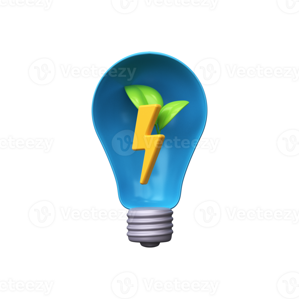 Light bulb with leaf and flash icon inside. 3d green energy icon png