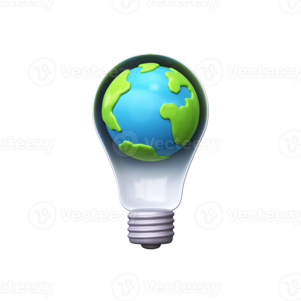 Green energy on the planet earth. 3d Planet earth inside a light bulb png