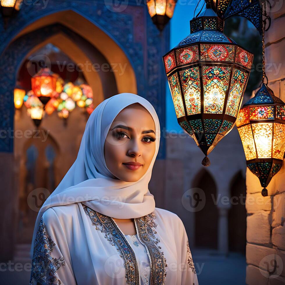Woman in traditional Muslim clothing, smiling. Beautiful woman headshot looking at camera and wearing a hijab. photo
