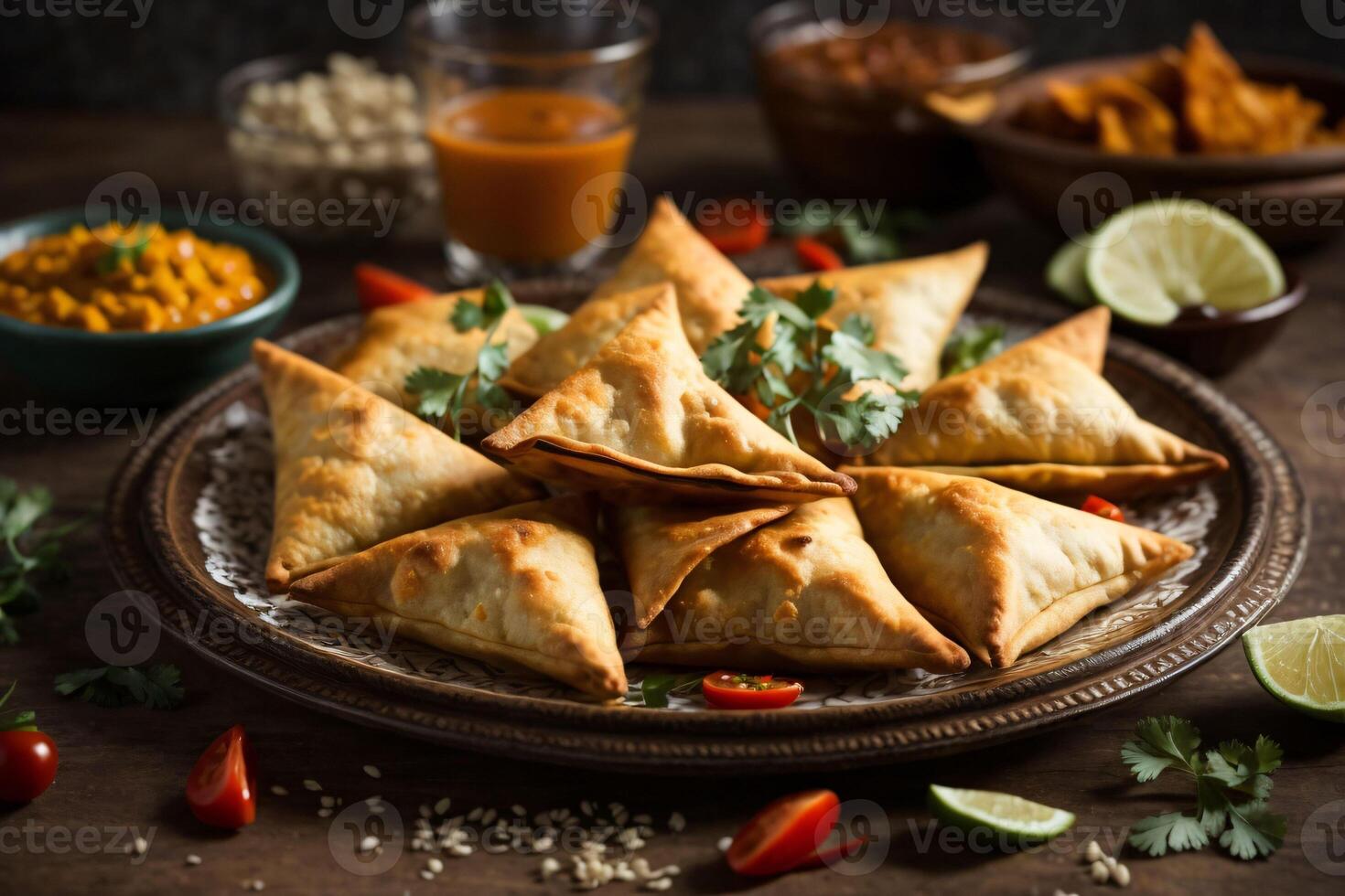 Vegetarian samosa or samosasIndian special traditional street food photo