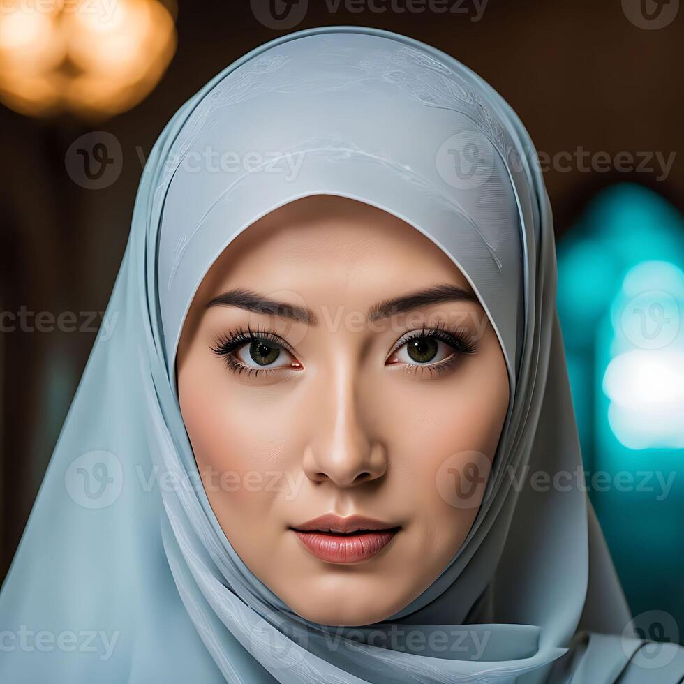 mujer en tradicional musulmán ropa, sonriente. hermosa mujer disparo a la cabeza mirando a cámara y vistiendo un hiyab foto