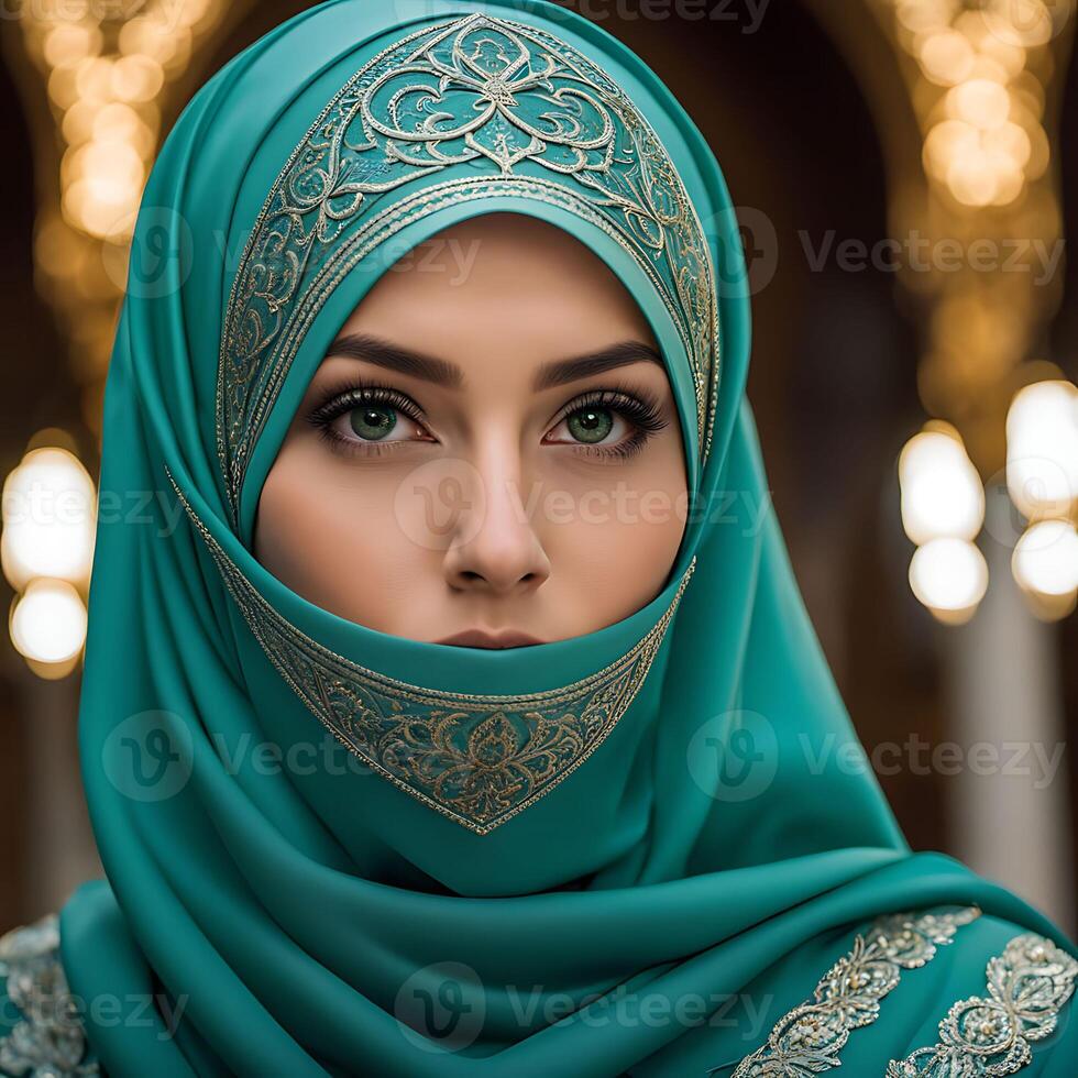 Woman in traditional Muslim clothing, smiling. Beautiful woman headshot looking at camera and wearing a hijab. photo