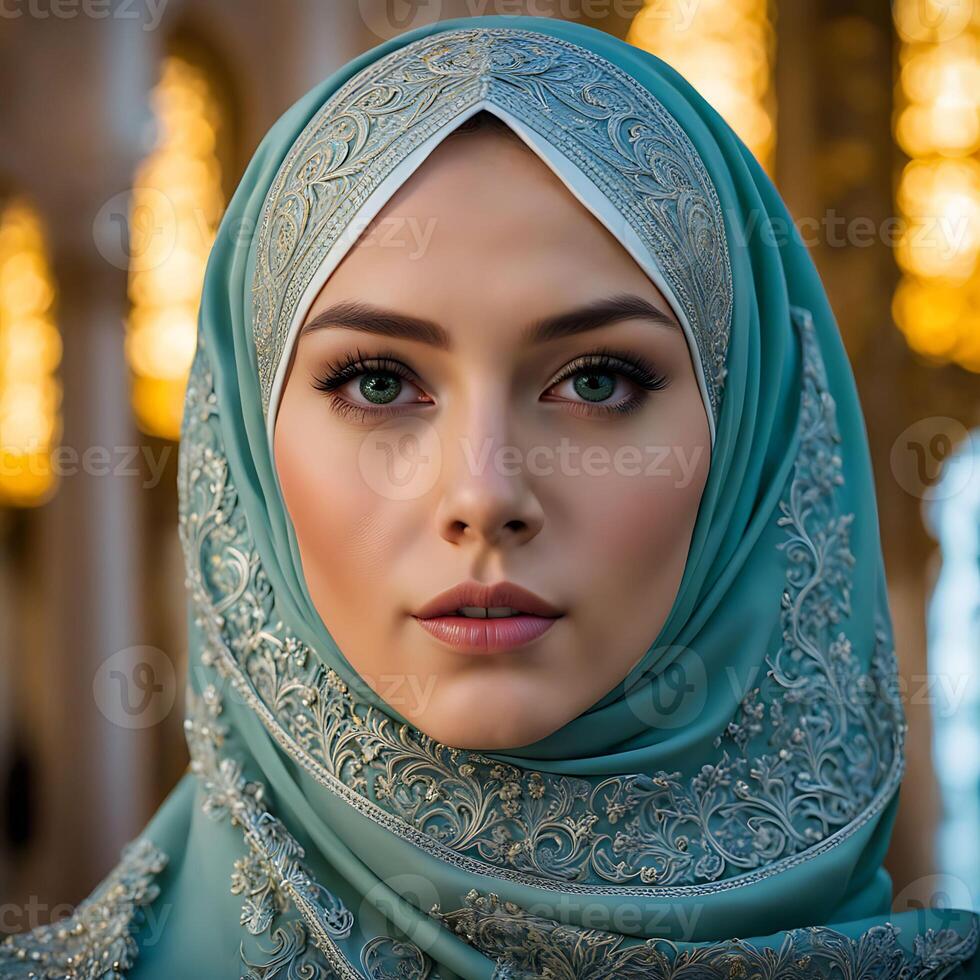 Woman in traditional Muslim clothing, smiling. Beautiful woman headshot looking at camera and wearing a hijab. photo
