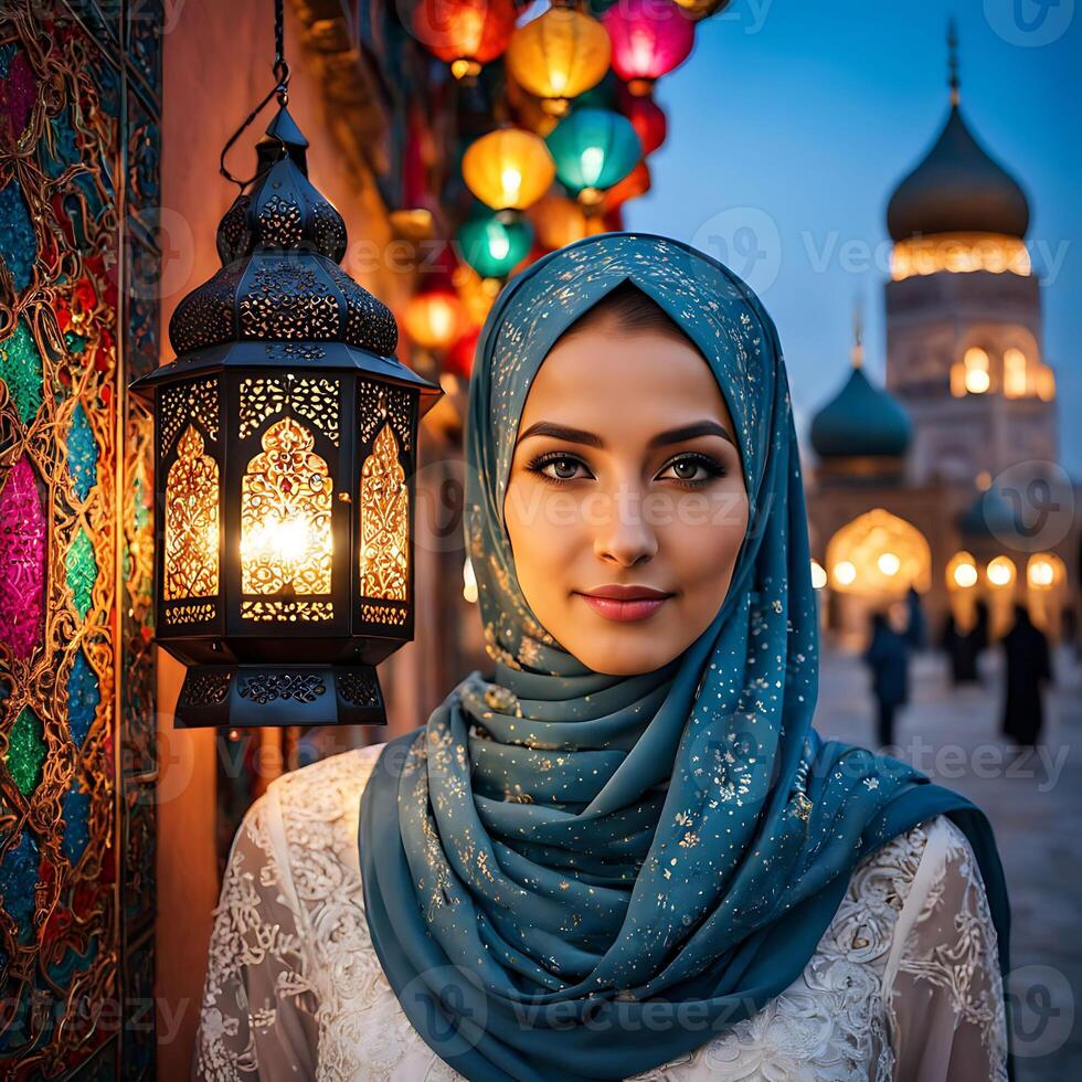 Woman in traditional Muslim clothing, smiling. Beautiful woman headshot looking at camera and wearing a hijab. photo