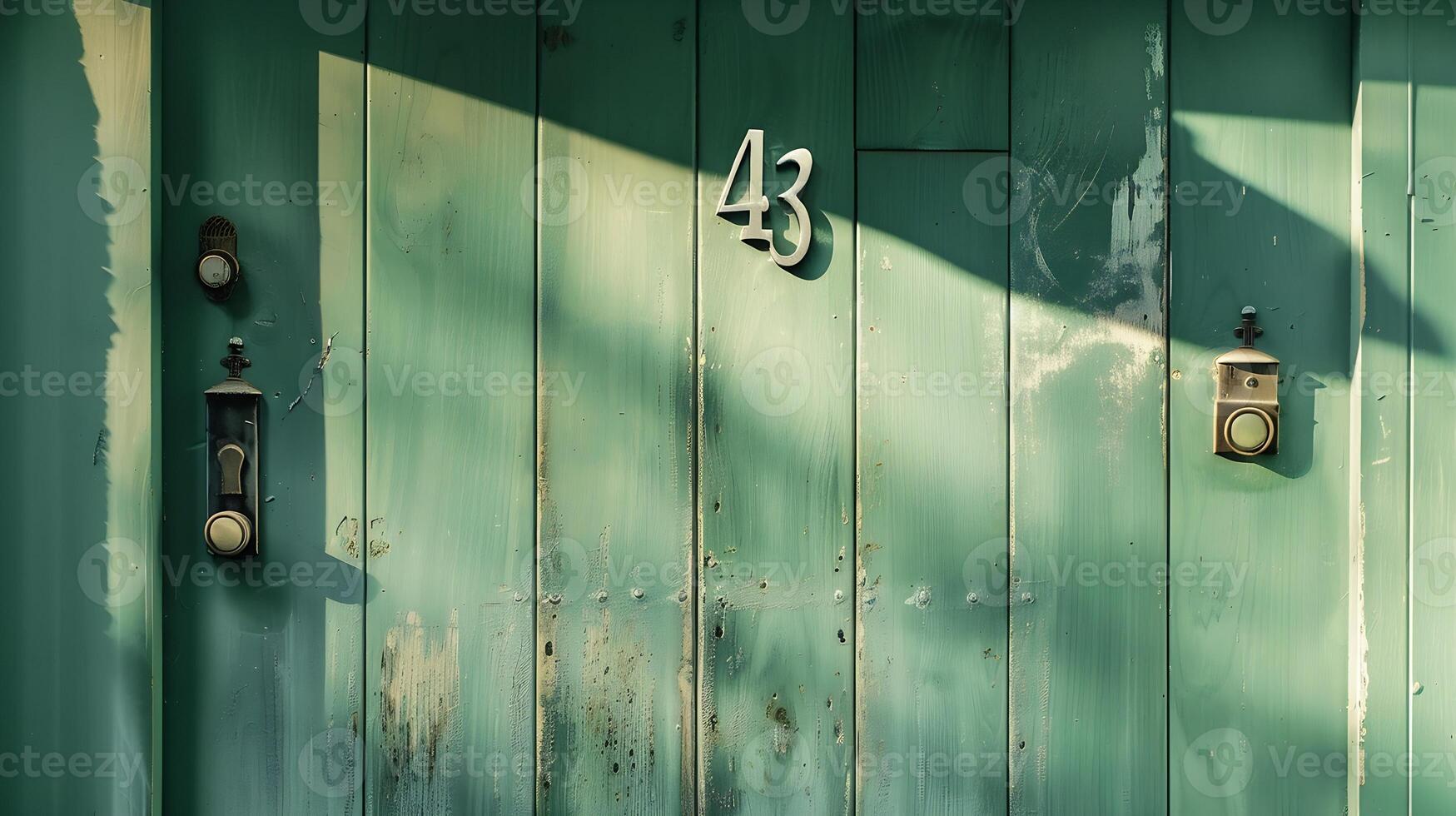 House number 43 on a green wooden front door photo