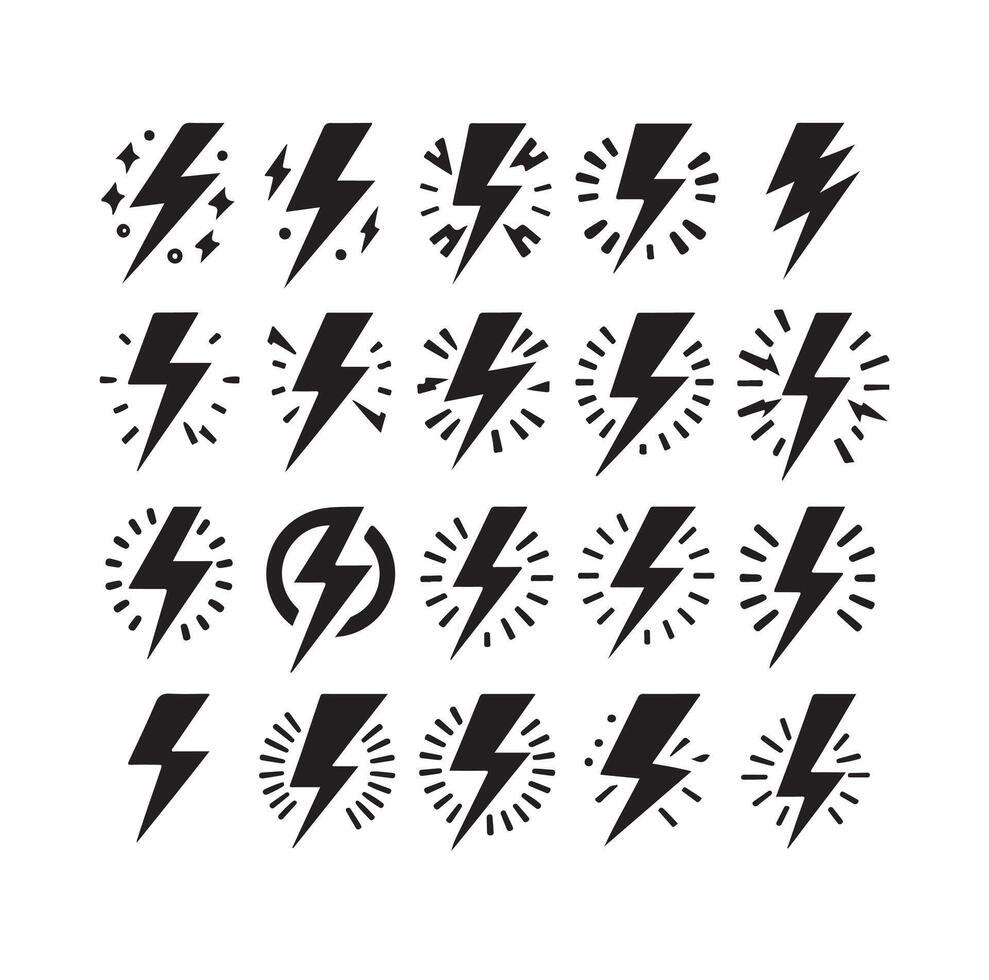 Lightning bolt icon illustration set isolated on white background. Black flash symbol, thunderbolt illustration. vector