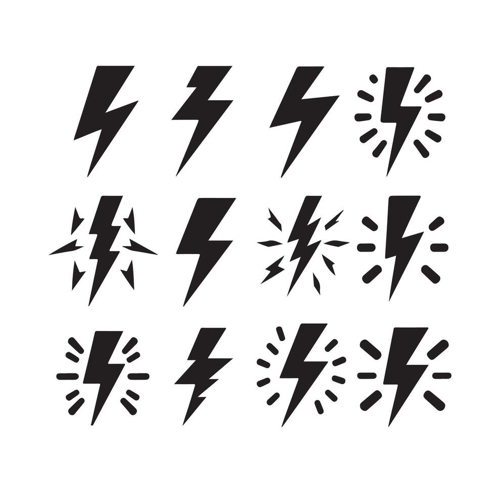 Lightning bolt icon illustration set isolated on white background. Black flash symbol, thunderbolt illustration. vector