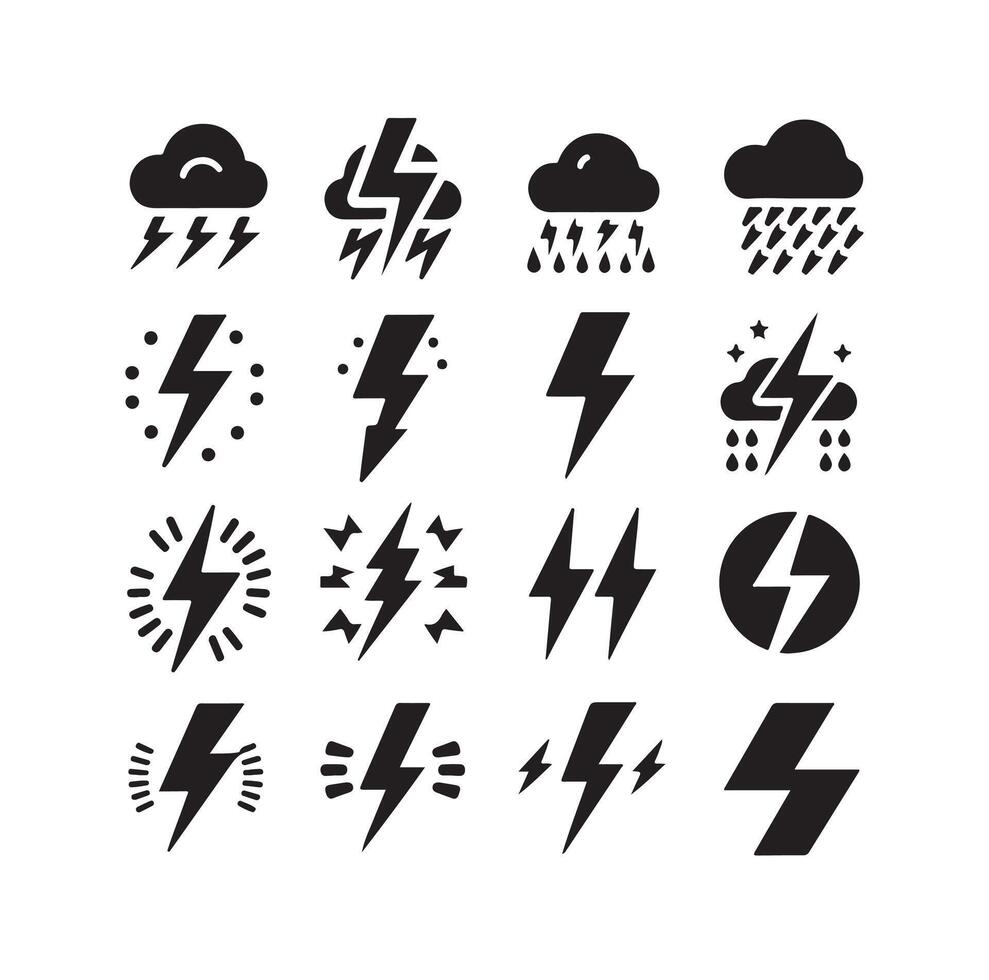 Lightning bolt icon illustration set isolated on white background. Black flash symbol, thunderbolt illustration. vector