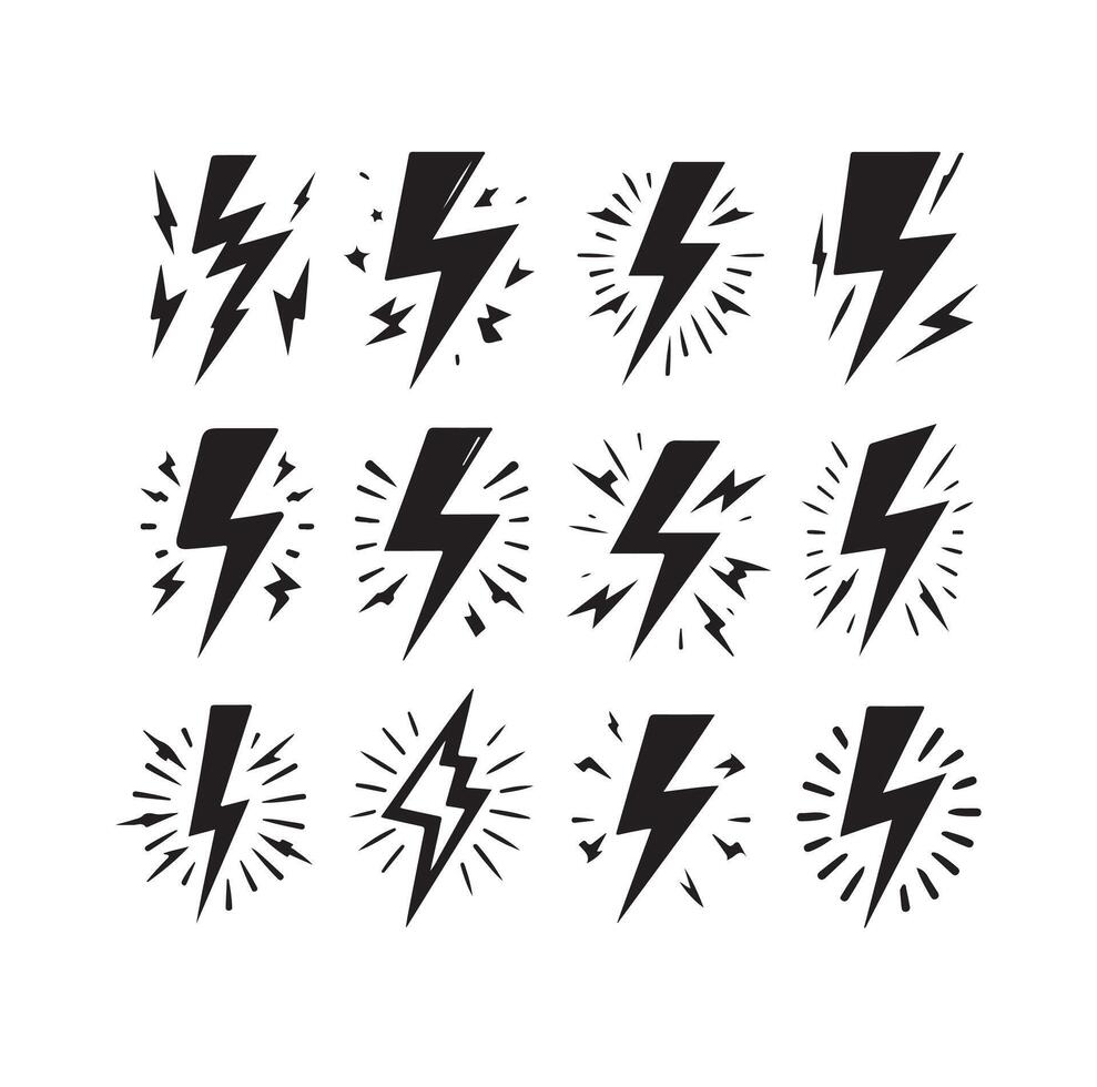 Lightning bolt icon illustration set isolated on white background. Black flash symbol, thunderbolt illustration. vector