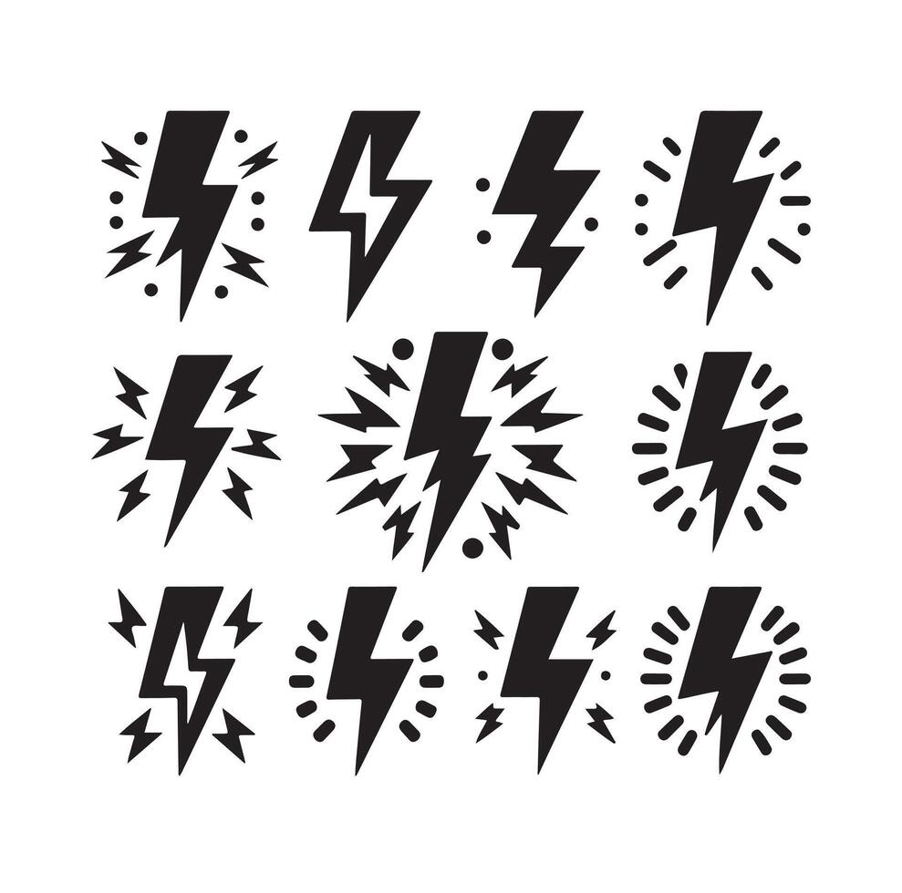 Lightning bolt icon illustration set isolated on white background. Black flash symbol, thunderbolt illustration. vector