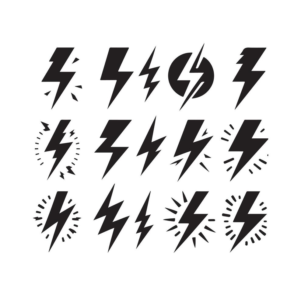 Lightning bolt icon illustration set isolated on white background. Black flash symbol, thunderbolt illustration. vector